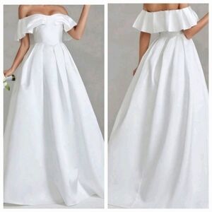 White, Off The Shoulder,  Short Sleeve,ALine,Wedding Gown